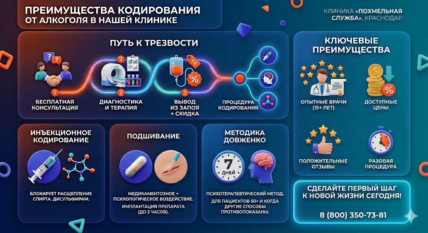 Инфографика о методах кодирования от алкоголя в Мге: инъекции, подшивание, метод Довженко. Преимущества клиники и этапы лечения.