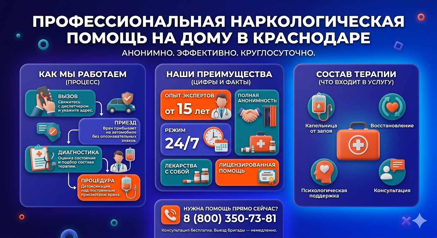 Инфографика о принципах лечения алкоголизма на дому в Мге: этапы вызова нарколога, преимущества анонимной детоксикации и состав медицинской помощи.